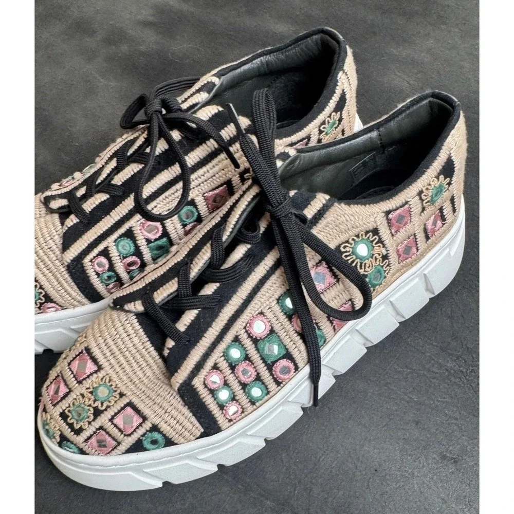 Free People Embroidered Mirror Sneakers Tan Black Multi Boho Platform 38